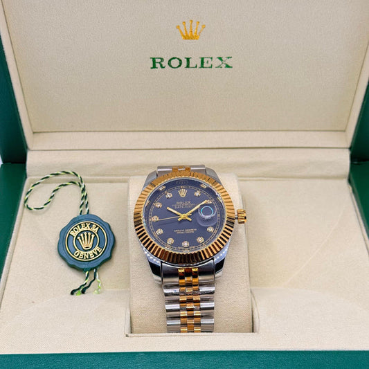 Two-Tone Black Dial Watch With Jubilee Chain & Crown Lock