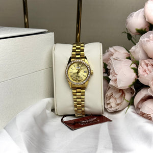 ROLEX Gold-Tone Women’s Day-Date Watch with Crystal Bezel