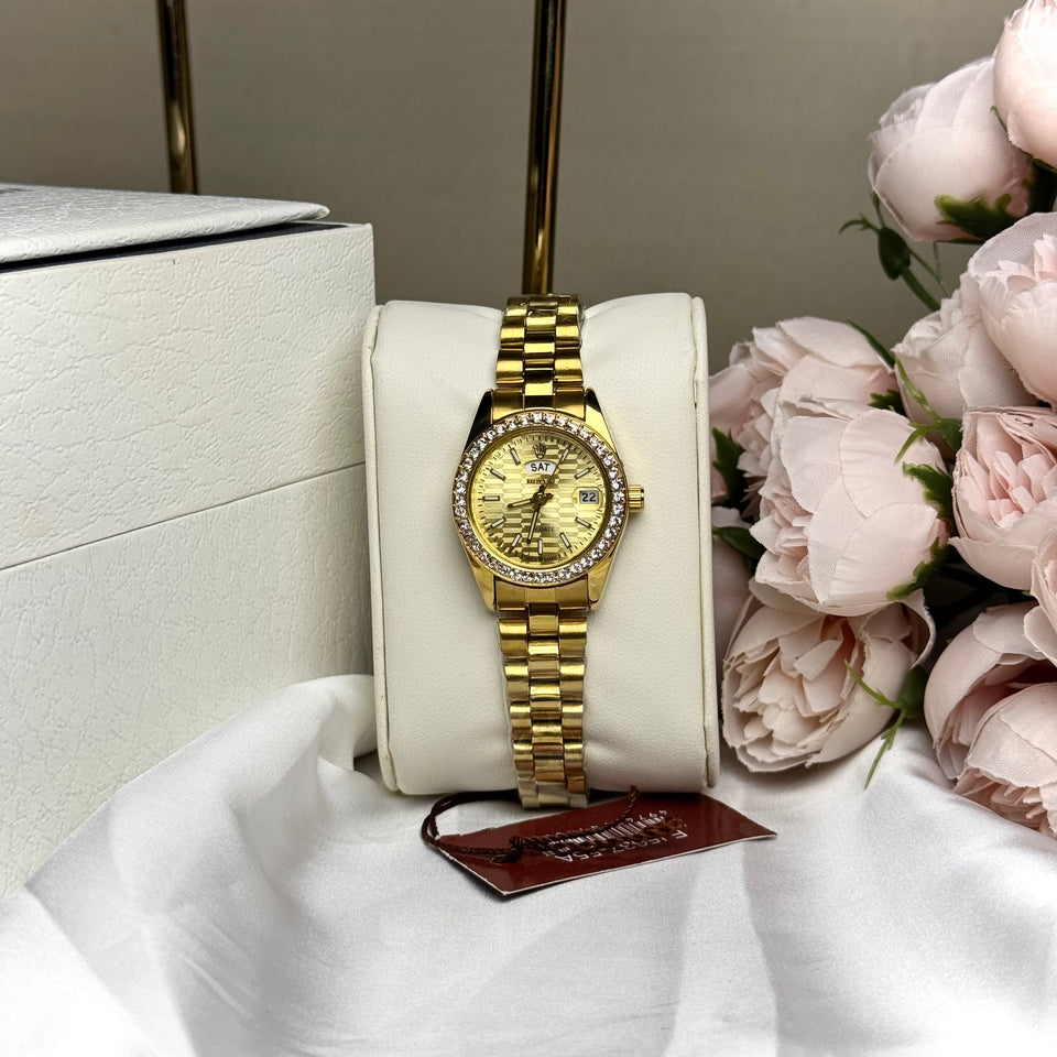 ROLEX Gold-Tone Women’s Day-Date Watch with Crystal Bezel