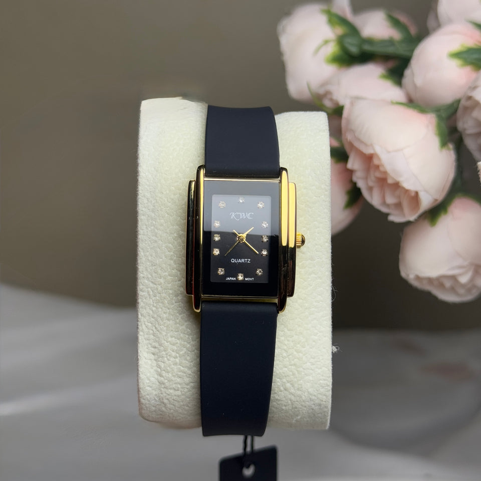 Gold-Toned Rectangular Watch with Black Strap