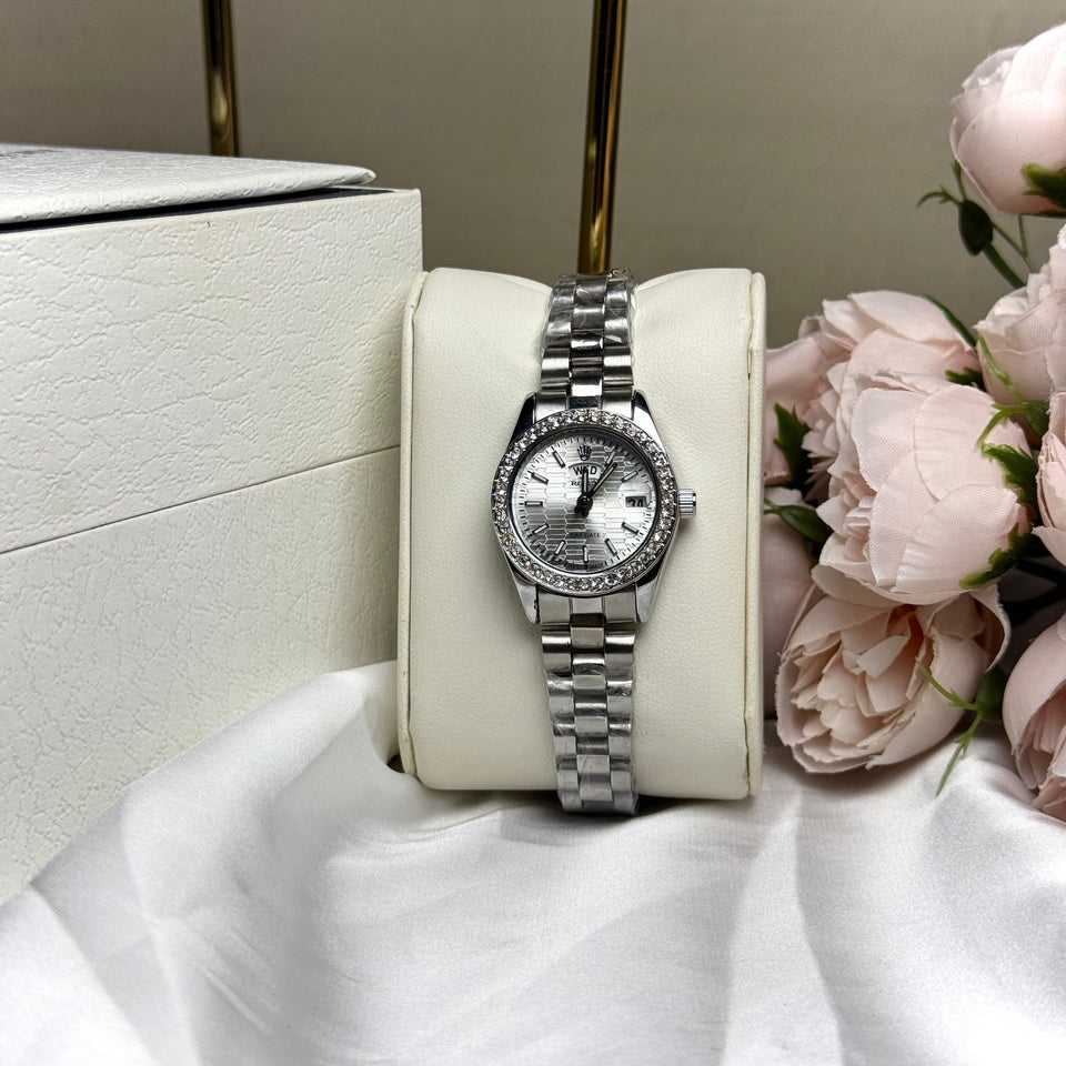 ROLEX Silver-Tone Women’s Day-Date Watch with Crystal Bezel