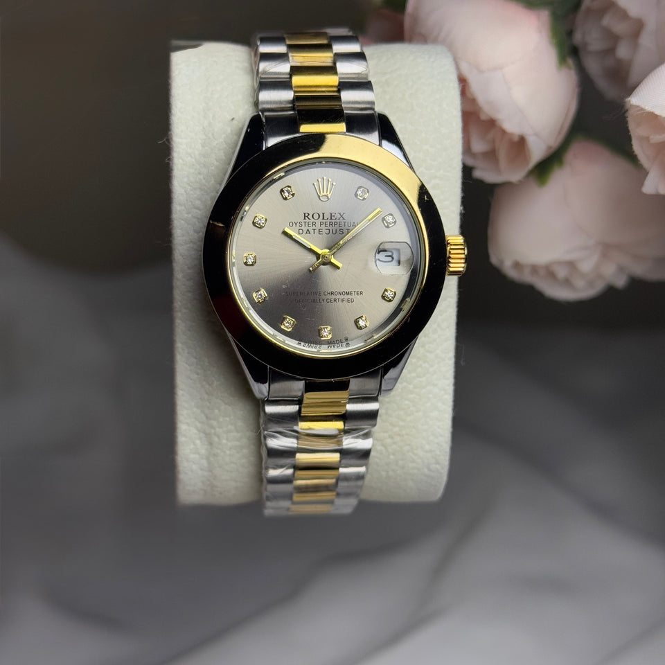 Two-Tone Silver and Gold Luxury Watch with Crystal Accents