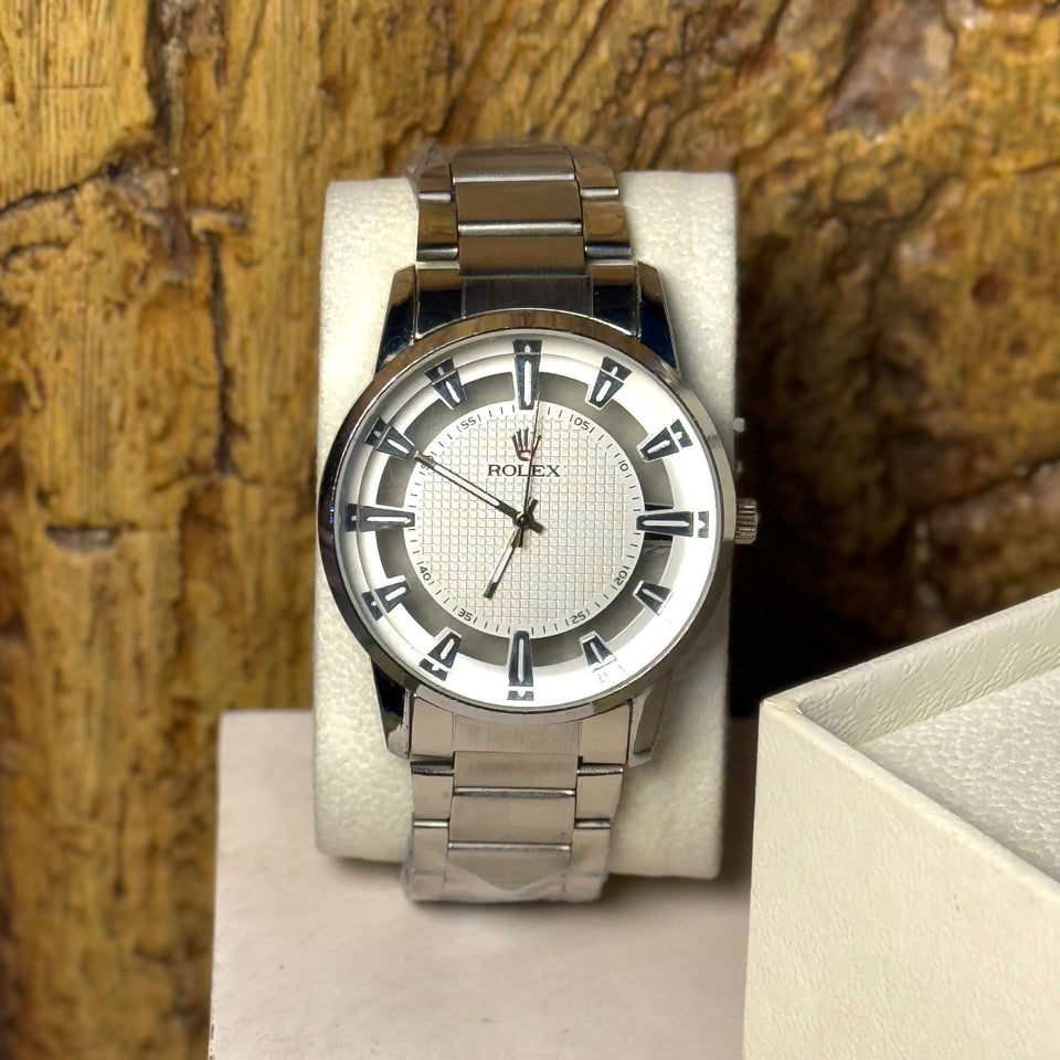 ROLEX Luxury Silver Stainless Steel Watch with Textured Dial & Bold Markers.