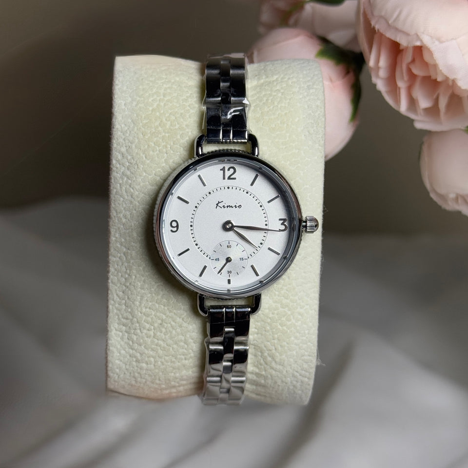 KIMIO watch for ladies with white premium dial and silver chain .