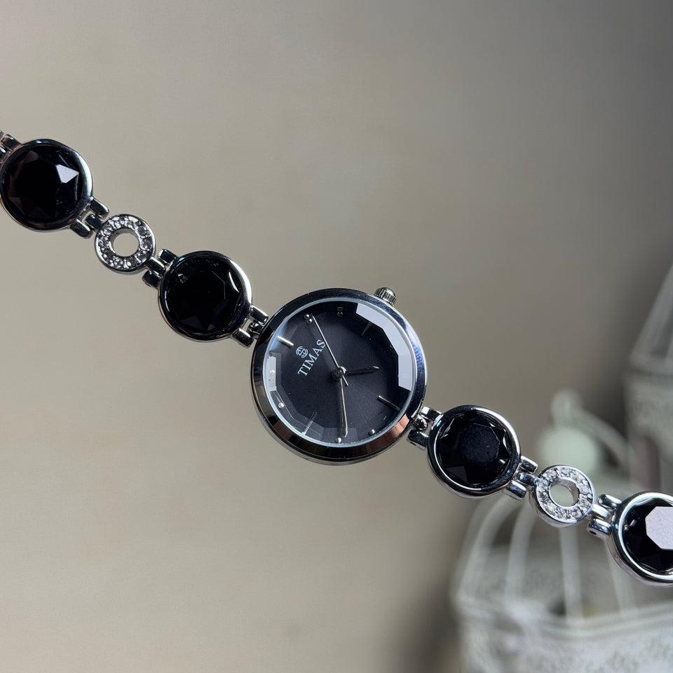 Elegant Black and Silver Timas Bracelet Watch for Women