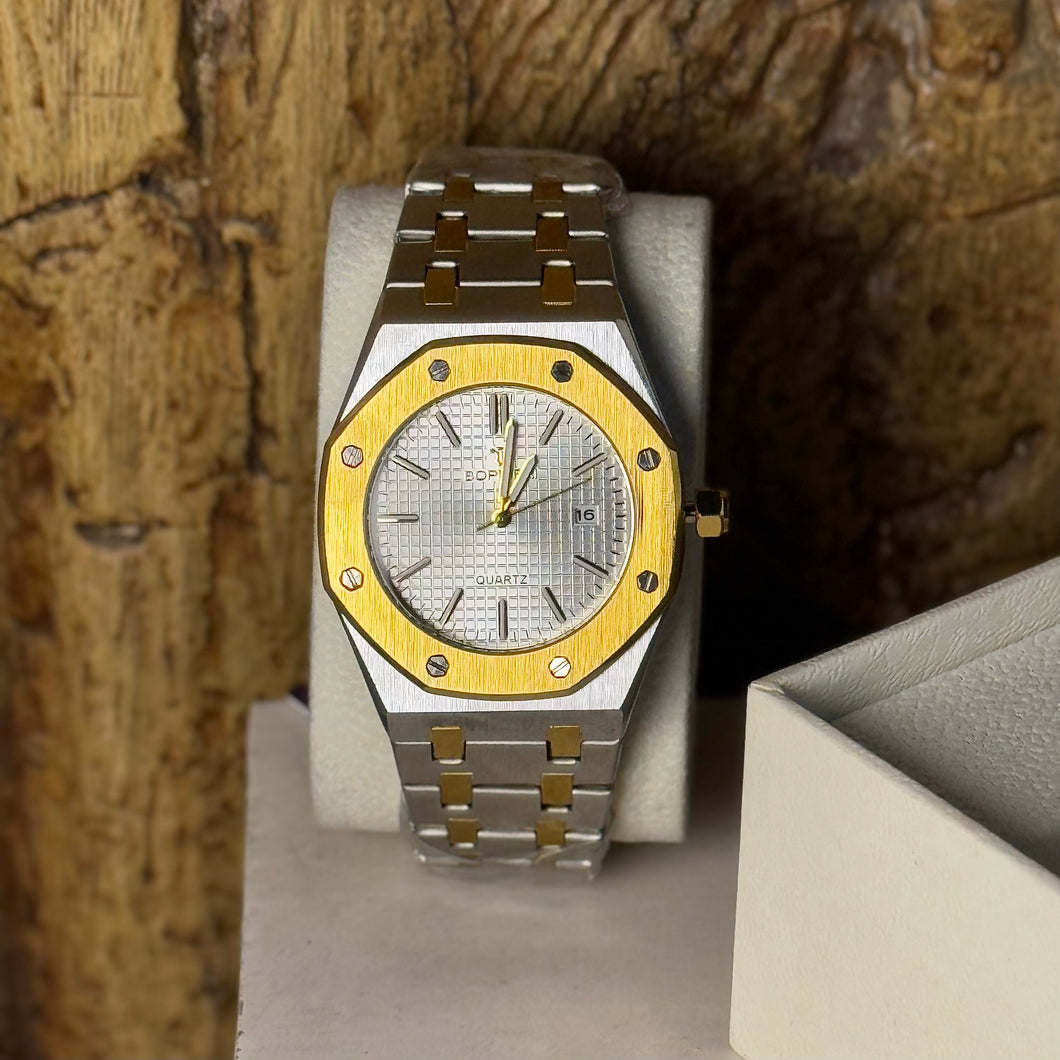 BOPHIERI Two-Tone Gold & Silver Stainless Steel Watch with Date Display.