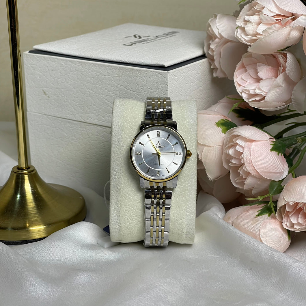 Citron silver-tone watch with Roman numerals and a sleek design.