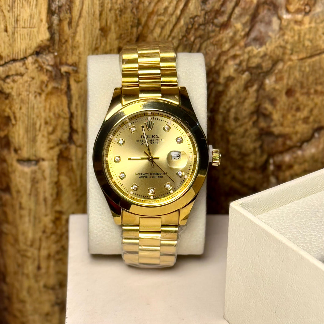 ROLEX Premium Gold Date Display Watch – Elegant Diamond Markers.