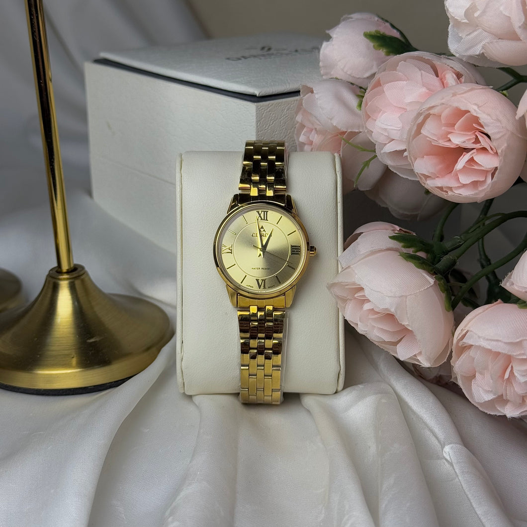 Citron gold-tone watch with Roman numerals and a sleek design.