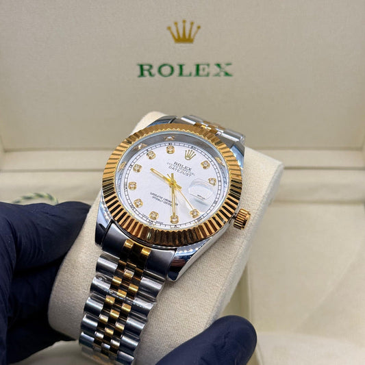 Two Tone White Dial Watch With Jubilee Chain & Crown Lock